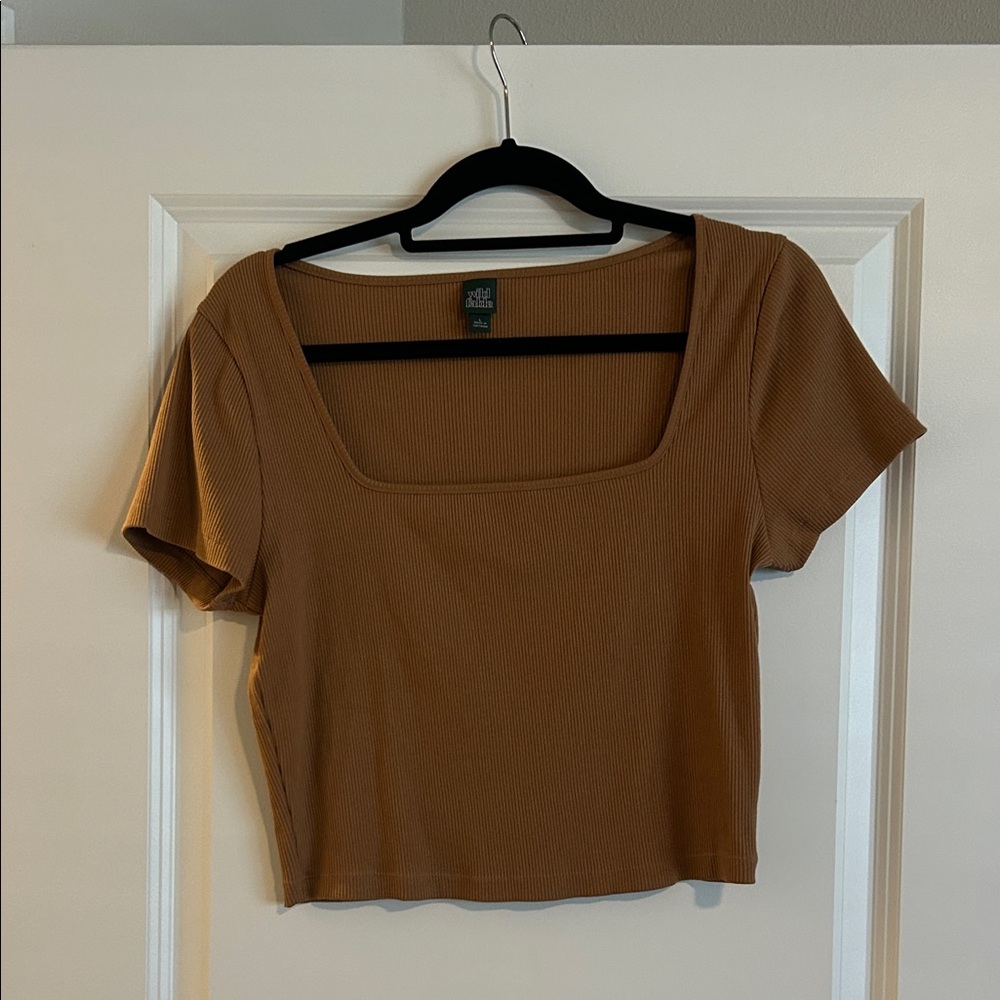 Brown Ribbed Square Neck Top